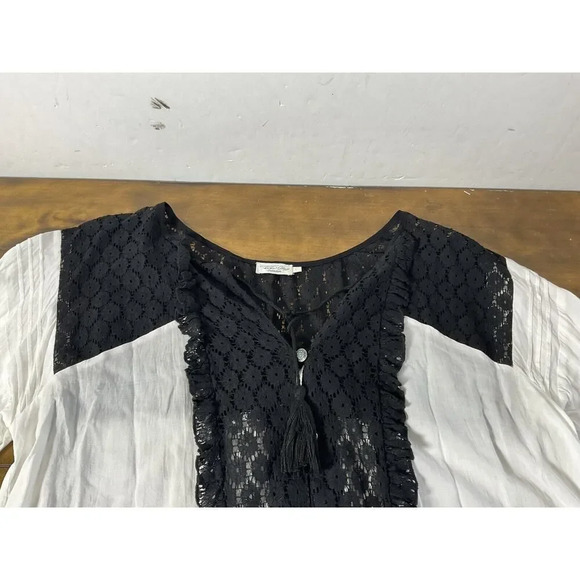 Tasha Polizzi Lace Trimmed V-Neck Loose Fit Sheer White Black Blouse - Picture 6 of 16